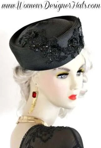 Women's Formal Black Beaded Sequin Pillbox Dress Designer Fashion Hat, Church Hats