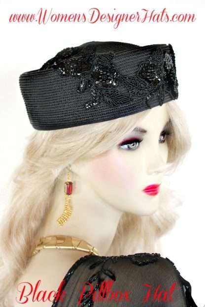 Black Sequin Beaded Couture Pillbox Fashion Dress Wedding Hat Church Hats M290 - Image 2