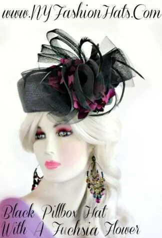 Ladies Special Occasion Black Fuchsia Fashion Pillbox Church Hat, Mother Of The Bride Hats Weddings