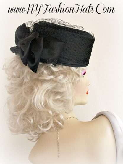 Women's Black Or White Satin Pillbox Veiled Formal Wedding Church Dress Hat, Cocktail Hats