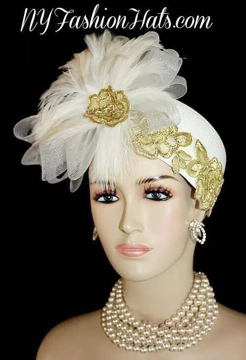 cocktailhats_whitemetallicgoldheadpiece_flapperhats_1920shats_pillboxhat_bridal_headpiece_nyfashionhats Dress Hats For Women, Kentucky Derby Hats, Hats For Horse Races, Haute Couture Fashion Hats, Formal Wedding Hats, Bridal Headpiece, Cocktail Hats, Mother Of The Bride Hats, Sinamay Straw Hats, Large Big Brim Hats, Hats For Horse Races, Church Sabbath Hats, Satin Hats, Pillbox Veil Hat, White Metallic Gold Designer Pillbox Fashion Hat For Women