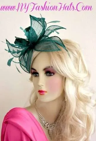 Teal Green Mauve Salmon Pink Satin Hairband Cocktail Straw Hat YTR