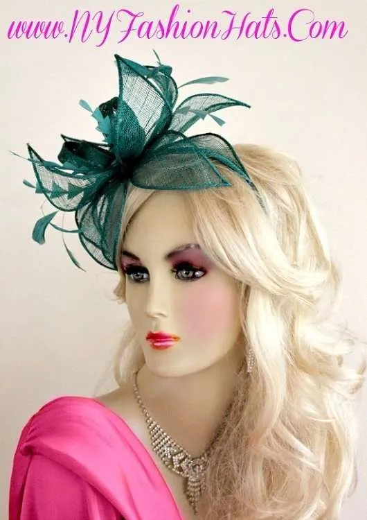 Teal Green Mauve Salmon Pink Satin Hairband Cocktail Straw Hat YTR