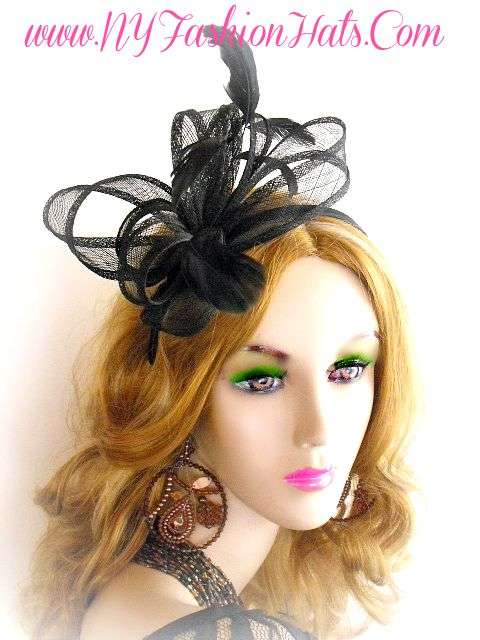 Women's Solid Black Satin Rosette Sinamay Straw Cocktail Hat Satin Headband Headpiece