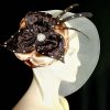 Ivory Brown Copper Art Deco Styled Satin Pillbox Wedding Hat, Dress Church Fascinators Cocktail Hats