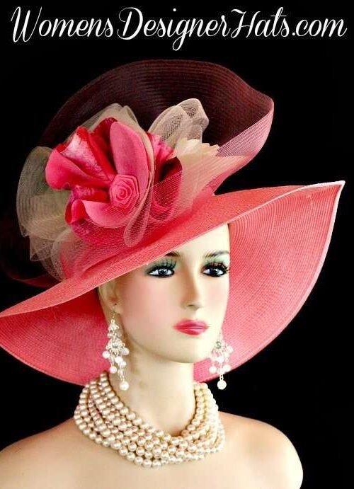 hotpinkwidebrimhat_hotpinkivoryhats_formalhats_churchhats_couturehats_kentuckyderbyhats_womensdesignerhats Women's Designer Hot Pink Ivory Wide Brimmed Kentucky Derby Hat
