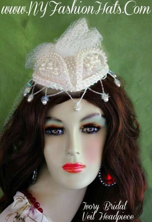Ladies Ivory Satin Beaded Pearl Bridal Wedding Veil Women's Designer Hats