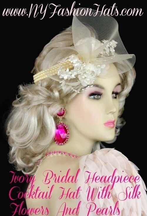 Ivory Cocktail Hat For Weddings With Roses Pearls, Bridal Headpiece