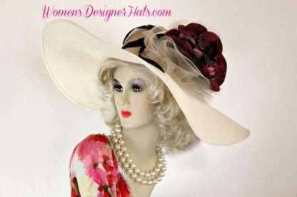 Ladies Custom Straw Braid Ivory Burgundy Flower Dress Designer Hat, Derby Church Hats 44MK - Image 2
