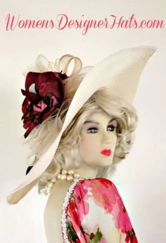 Hats Kentucky Derby Ivory Burgundy Wide Brim Sun, Women's Designer Hat