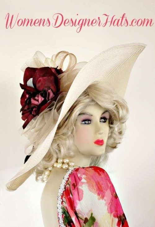 Hats Kentucky Derby Ivory Burgundy Wide Brim Sun, Women's Designer Hat