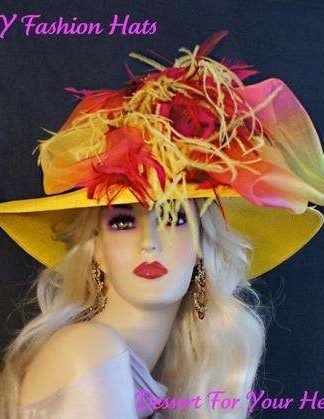 ladiesyellowhats_customhatswomen_designerhats_dresshats_formalhats_weddinghats Dress Hats For Women, Kentucky Derby Hats, Hats For Horse Races, Haute Couture Fashion Hats, Formal Wedding Hats, Bridal Headpiece, Cocktail Hats, Mother Of The Bride Hats, Sinamay Straw Hats, Large Big Brim Hats, Hats For Horse Races, Church Sabbath Hats, Satin Hats, Pillbox Veil Hat