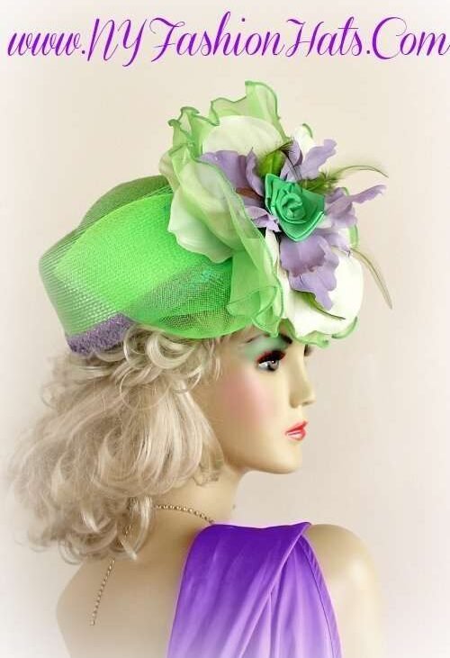 lime_green_lavender_white_designerhat_pillboxhat_hat_hats_NYFashionhat Dress Hats For Women, Kentucky Derby Hats, Hats For Horse Races, Haute Couture Fashion Hats, Formal Wedding Hats, Bridal Headpiece, Cocktail Hats, Mother Of The Bride Hats, Sinamay Straw Hats, Large Big Brim Hats, Hats For Horse Races, Church Sabbath Hats, Satin Hats, Pillbox Veil Hat