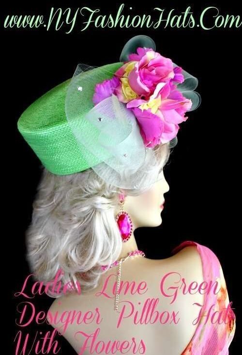 limegreendesignerhats_womanslimegreenhats_pillboxhats_bridesmaidhats_hatsforweddings_hatsforChurch_formalhats_NYFashionHats Ladies Lime Green Designer Custom Made Pillbox Fashion Hat With Fuchsia Pink Roses Flowers. This formal hat, is trimmed with a sheer green bow accented with acrylic rhinestones.