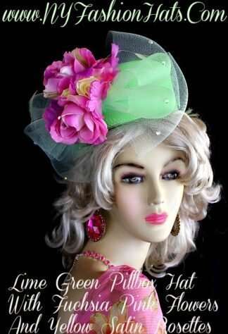 Lime Green Pillbox Designer Hat Fuchsia Pink Roses, NY Fashion Hats