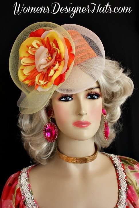 Dress Hats For Women, Kentucky Derby Hats, Hats For Horse Races, Haute Couture Fashion Hats, Formal Wedding Hats, Bridal Headpiece, Cocktail Hats, Mother Of The Bride Hats, Sinamay Straw Hats, Large Big Brim Hats, Hats For Horse Races, Church Sabbath Hats, Satin Hats, Pillbox Veil Hat, Women's Designer Orange Yellow Vintage Flower Cocktail Hat Pillbox Hats, Wedding Fascinator
