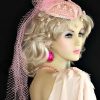Ladies Pink Satin Beaded Pearl Bridal Wedding Veil Women's Designer Hats