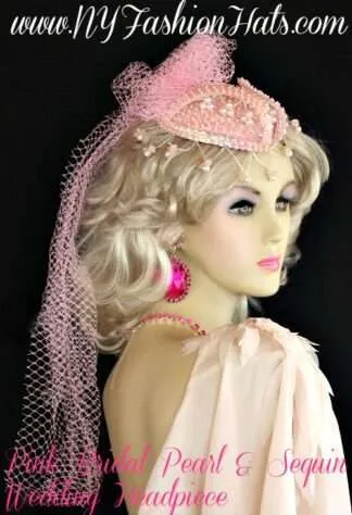 Ladies Pink Satin Beaded Pearl Bridal Wedding Veil Women's Designer Hats