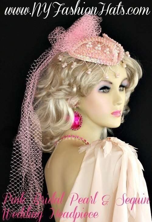 Ladies Pink Satin Beaded Pearl Bridal Wedding Veil Women's Designer Hats