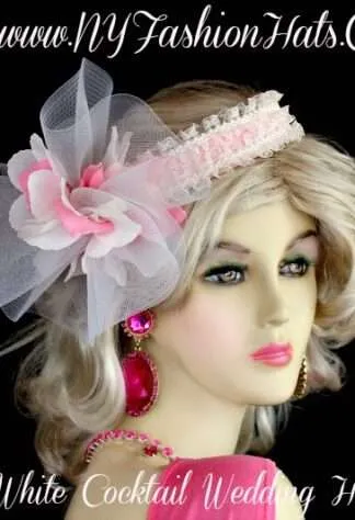 Ladies Pink White Cocktail Hat, Wedding Fascinator, Bridal Headpiece