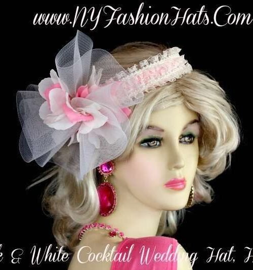 Ladies Pink White Cocktail Hat, Wedding Fascinator, Bridal Headpiece