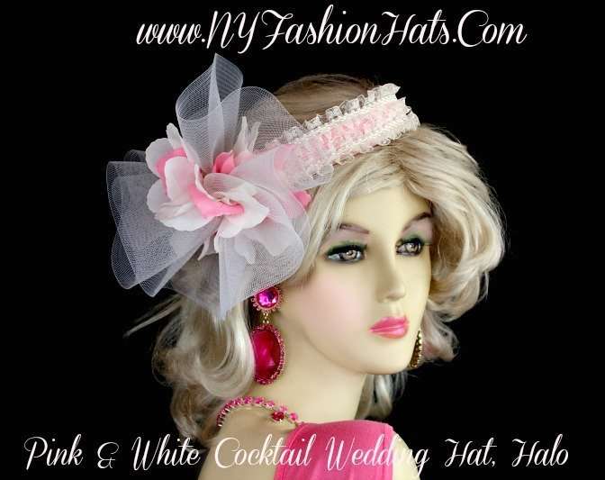 Ladies Pink White Cocktail Hat, Wedding Fascinator, Bridal Headpiece