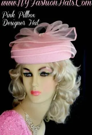 Dress Hats For Women, Kentucky Derby Hats, Hats For Horse Races, Haute Couture Fashion Hats, Formal Wedding Hats, Bridal Headpiece, Cocktail Hats, Mother Of The Bride Hats, Sinamay Straw Hats, Large Big Brim Hats, Hats For Horse Races, Church Sabbath Hats, Satin Hats, Pillbox Veil Hat, Women's Formal Pink Pillbox Bow Hat, Hats For Church Weddings Formals Brides