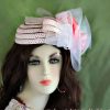 Ladies Pink And White Great Gatsby - Art Deco Cocktail Hat With Pink Flowers And A Bow. A Perfect Formal Hat, For A Brides, Weddings, Formals, Parties, And Special Occasion. By www.NYFashionHats.Com