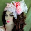 Ladies Pink And White Great Gatsby - Art Deco Cocktail Hat With Pink Flowers And A Bow. A Perfect Formal Hat, For A Brides, Weddings, Formals, Parties, And Special Occasion. By www.NYFashionHats.Com