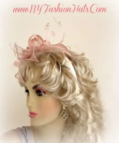 Salmon Rose Soft Pink Wedding Fascinator Sinamay Straw Cocktail Hat, Wedding Fascinator Headpiece Bridal Church Formals Races
