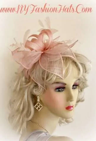 Formal Haute Couture Hats, Ladies Fashion Hats, Hats For Wedding Guests, Avant Garde Luxury Hats, Pillbox Hats, Mother Of The Bride Hat, Bridal Headpiece, Wedding Fascinator, Hats For Horse Races, Kentucky Derby Hats, Church Hats, Occasion Dress Hats, Designer Hats For Women, Salmon Pink Sinamay Straw Satin Hairband Cocktail Hat Bridal Wedding Headpiece Fascinator, Dress Hats Women