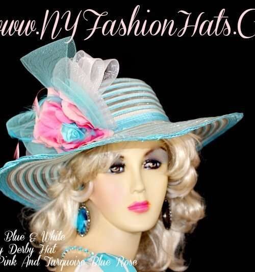 turquoisebluedresshat_designerhatsforwomen_kentuckyderbyhats_hatswithroses_nyfashionhats Women's Wide Brim Stylish Sheer Wedding Bridal Hat