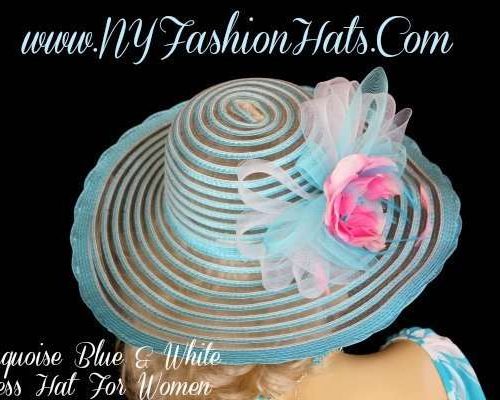 Women's Custom Turquoise Blue White Pink Fashion Designer Church Dress Hat, Kentucky Derby Hats