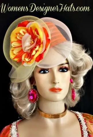 Cocktail Hat Orange Yellow Flapper Headpiece, Women's Designer Hats