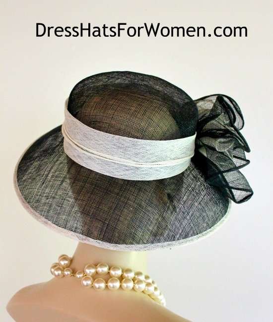 Woman's Formal Black White Wide Brimmed Dress Hat For Wedding Church Derbies