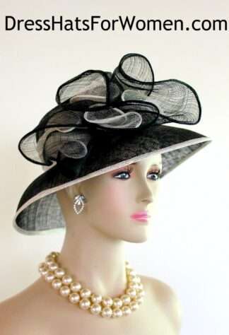 Ladies Fashion Church Hat Black Ivory Wide Brim Sinamay Straw Hats