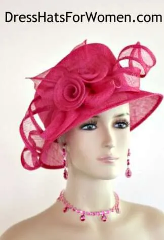 Ladies Hot Pink Fashion Hat Sinamay Straw Designer Kentucky Derby Hats, Dress Hats For Women, Kentucky Derby Hats, Hats For Horse Races, Haute Couture Fashion Hats, Formal Wedding Hats, Bridal Headpiece, Cocktail Hats, Mother Of The Bride Hats, Sinamay Straw Hats, Large Big Brim Hats, Hats For Horse Races, Church Sabbath Hats, Satin Hats, Pillbox Veil Hat