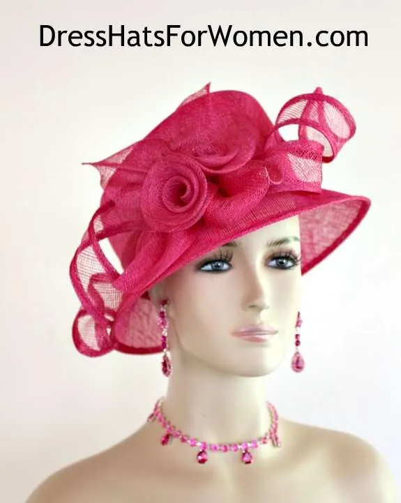 Ladies Hot Pink Fashion Hat Sinamay Straw Designer Kentucky Derby Hats, Dress Hats For Women, Kentucky Derby Hats, Hats For Horse Races, Haute Couture Fashion Hats, Formal Wedding Hats, Bridal Headpiece, Cocktail Hats, Mother Of The Bride Hats, Sinamay Straw Hats, Large Big Brim Hats, Hats For Horse Races, Church Sabbath Hats, Satin Hats, Pillbox Veil Hat