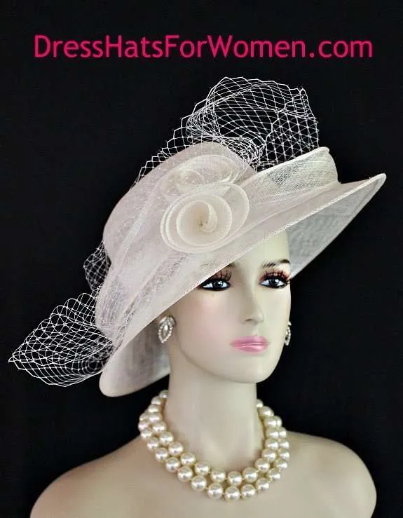Women's Wide Brim Ivory White Sinamay Straw Dress Wedding Hat