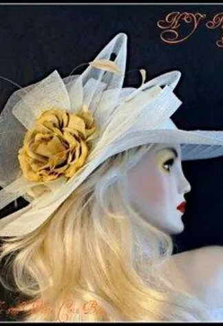 Formal Haute Couture Hats, Ladies Fashion Hats, Hats For Wedding Guests, Avant Garde Luxury Hats, Pillbox Hats, Mother Of The Bride Hat, Bridal Headpiece, Wedding Fascinator, Hats For Horse Races, Kentucky Derby Hats, Church Hats, Occasion Dress Hats, Designer Hats For Women, Ladies Ivory Mustard Yellow Designer Fashion Hat, Weddings Formals Church Spring
