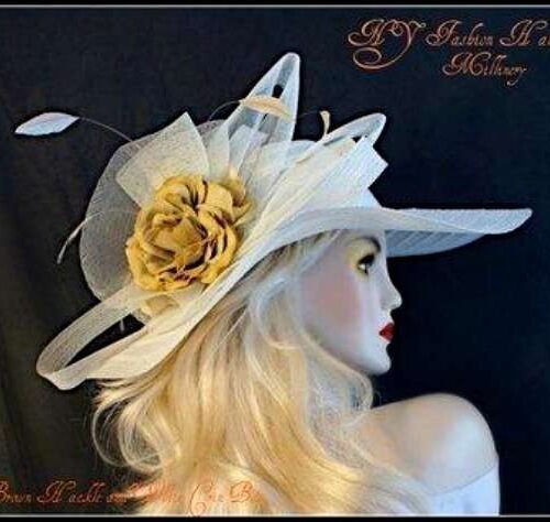Formal Haute Couture Hats, Ladies Fashion Hats, Hats For Wedding Guests, Avant Garde Luxury Hats, Pillbox Hats, Mother Of The Bride Hat, Bridal Headpiece, Wedding Fascinator, Hats For Horse Races, Kentucky Derby Hats, Church Hats, Occasion Dress Hats, Designer Hats For Women, Ladies Ivory Mustard Yellow Designer Fashion Hat, Weddings Formals Church Spring