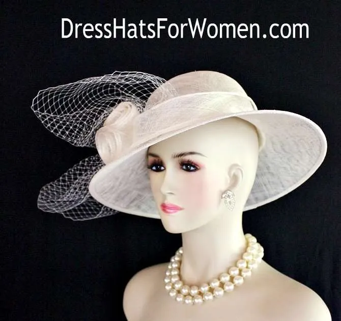Ladies Wide Brim Ivory White Derby Formal Church Hat Millinery Headwear