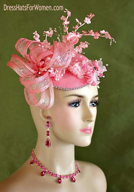 Ladies Pink Coral Sinamay Straw Fascinator Bridal Wedding Spring Headpiece, Mother Of The Bride Cocktail Hats