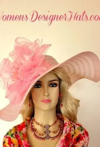 Women's Big Bow Designer Pink Wide Brim Wedding Church Dress Derby Hat