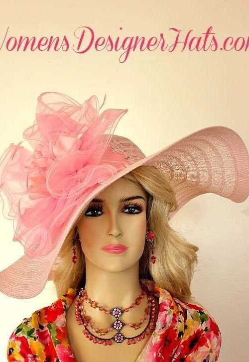 Women's Big Bow Designer Pink Wide Brim Wedding Church Dress Derby Hat