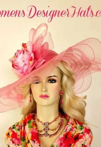 Ladies Pink Satin Rosette Wide Brim Designer Dress Wedding Church Hat