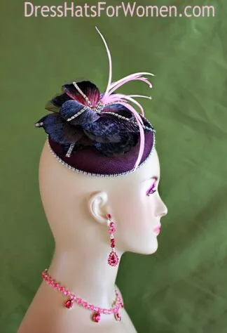 Women's Designer Eggplant Purple Pink Sinamay Straw Wedding Fascinator Cocktail Hat Headpiece Millinery