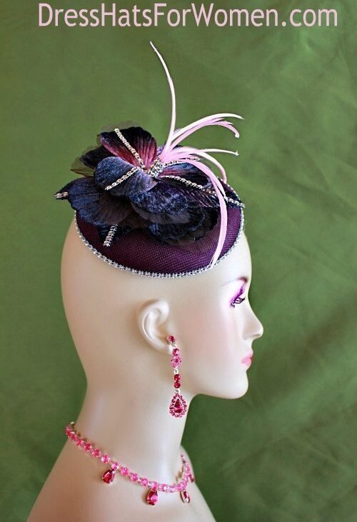 Women's Designer Eggplant Purple Pink Sinamay Straw Wedding Fascinator Cocktail Hat Headpiece Millinery