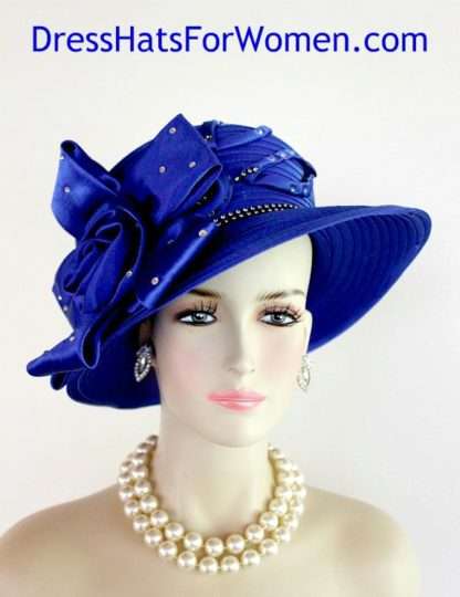 Women's Formal Designer Royal Blue Satin Dress Hat Weddings Church