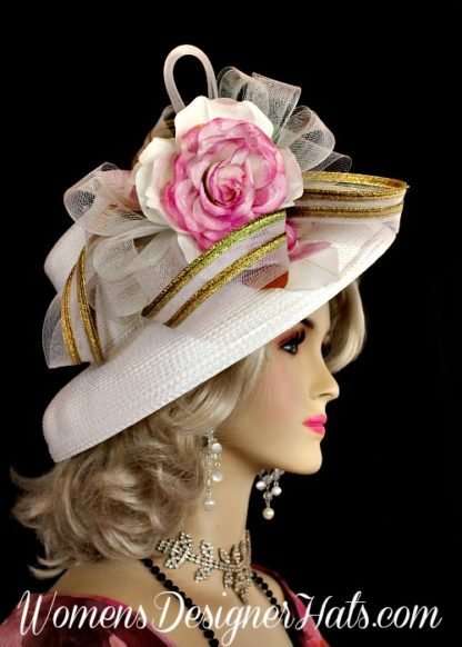 Women's White Pink Metallic Gold Dress Hat Fashion Wedding Church Hats